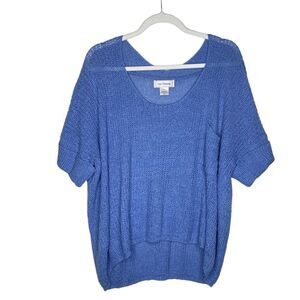 Ces Femme Open Knit Scoop Neck Dolman Sweater Patch Pocket Pullover Blue Medium